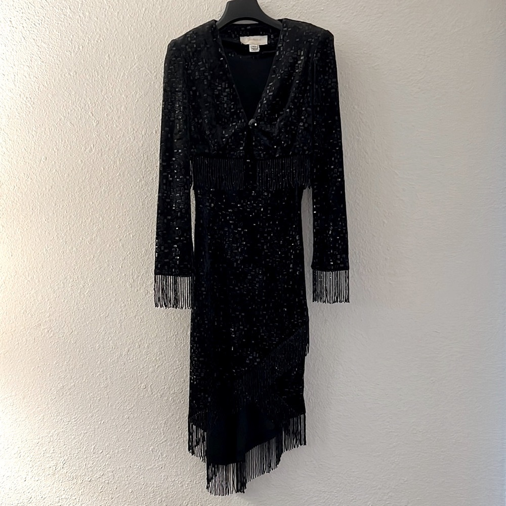 Janine Italian Velvet Couture Dress with beaded fringe and matching cropped coat